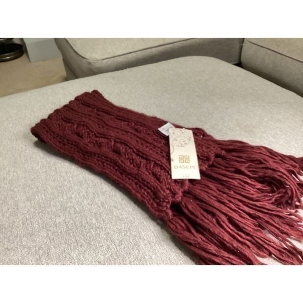 Dasein Red Fringe Scarf Burgundy Cable Knit 100% Acrylic Winter Accessory NWT